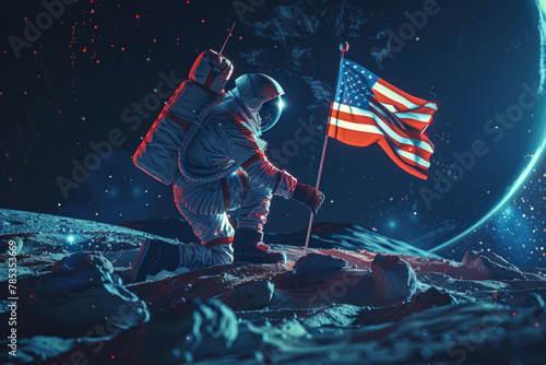 A man in a spacesuit is kneeling on the moon and holding a flag