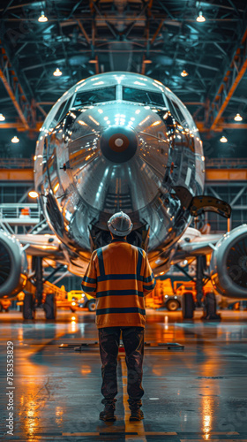 A man in a yellow and orange vest stands in front of a large airplane. Concept of awe and admiration for the engineering and design of the aircraft