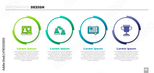 Set Online education, Two sitting men talking, Reading book and Award cup. Business infographic template. Vector