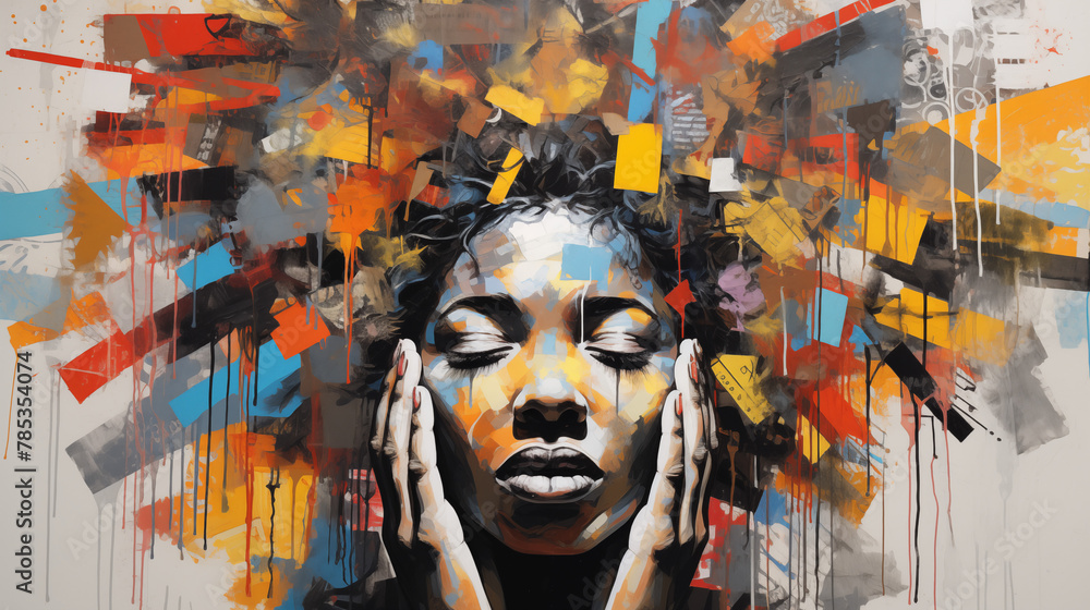 Vibrant Abstract Portrait of a Woman with Hands on Face