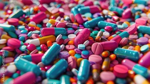 Many different pills on colorful background, top view.
