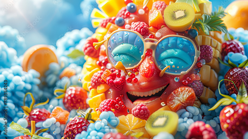 A fruit salad with a smiling face made of fruit. The fruit salad is full of raspberries, oranges, and kiwis