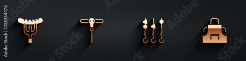 Set Sausage on the fork, Wine corkscrew, Grilled shish kebab skewer and Kitchen apron icon with long shadow. Vector