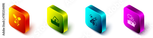 Set Isometric Poisoned pill, Radioactive waste in barrel, Bottle with potion and Poisonous cloud of gas or smoke icon. Vector