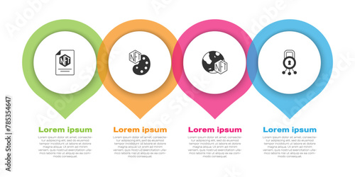 Set NFT contract, Digital crypto art, and Cyber security. Business infographic template. Vector