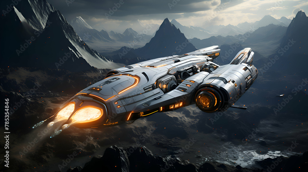 Fototapeta premium Futuristic spaceship flying in the space. 3D rendering.