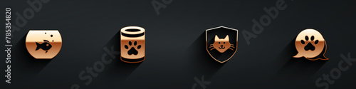 Set Aquarium with fish, Canned food, Animal health insurance and Paw print icon with long shadow. Vector