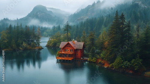 Tranquil Cabin Retreat Amidst Misty Pines. Concept Nature Photography, Cozy Cabins, Foggy Forest Scenes, Serene Escapes,