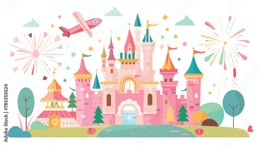 Fairytail pink castle with a landscape of attractions
