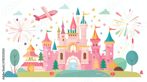 Fairytail pink castle with a landscape of attractions photo