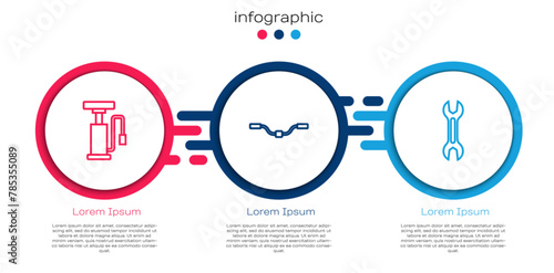 Set line Bicycle air pump, handlebar and Wrench spanner. Business infographic template. Vector