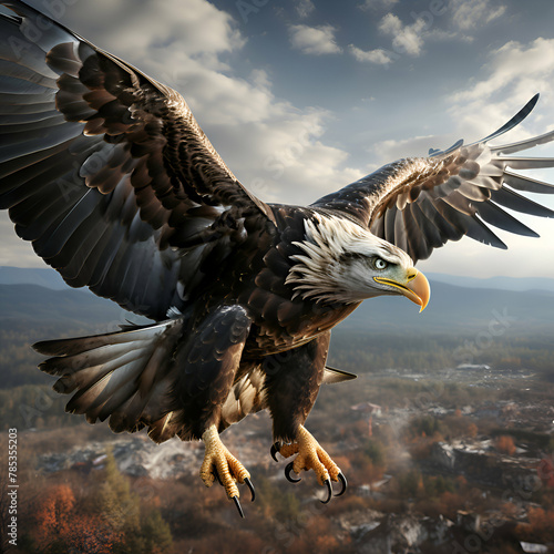 Bald Eagle flying high in the sky. 3D render.