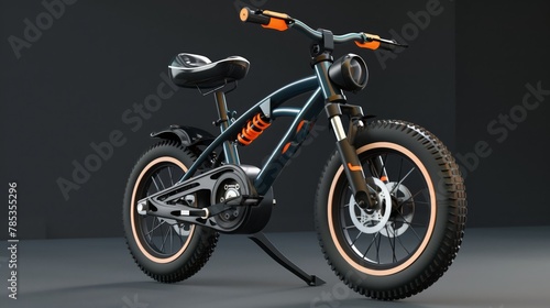 Black and orange bike with tire tread on gray surface