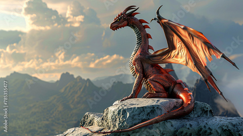 Fantasy dragon on the rock.3D rendering