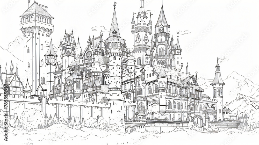 Fantasy drawing of medieval Gothic castle. Black and white