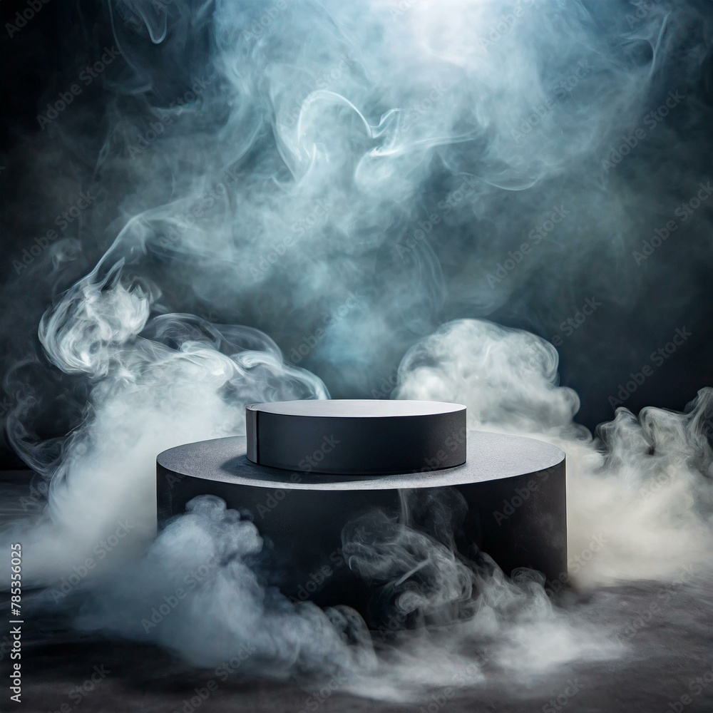 An empty podium enveloped in swirling dark smoke, a dynamic platform
