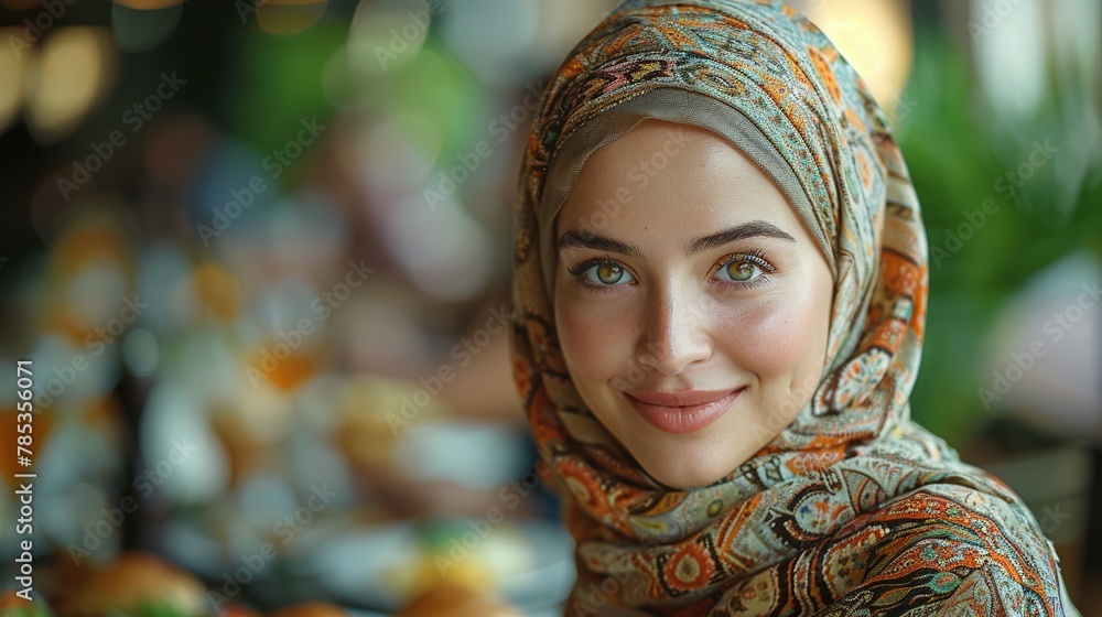 Cheerful Muslim woman enjoys in lunch with her family at home Cheerful Muslim woman enjoys in lunch with her family at home