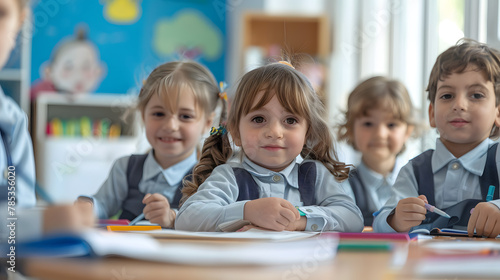 A group of children are sitting in a circle and drawing. The children are wearing school uniforms and are sitting on the floor