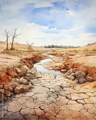 A watercolor poster of a dried riverbed with remnants of water, reflecting the harsh realities of global warming and water scarcity.