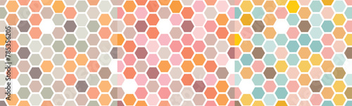 Set of Multicolored honeycomb pattern with pastel shades, evoking a soft, playful, and creative atmosphere, concept of diversity, harmony, and design versatility