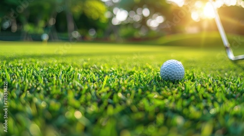 Green grass with golf ball close-up in soft focus at sunlight. Sport playground for golf club concept.