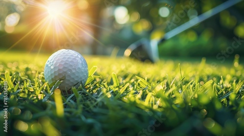 Green grass with golf ball close-up in soft focus at sunlight. Sport playground for golf club concept.