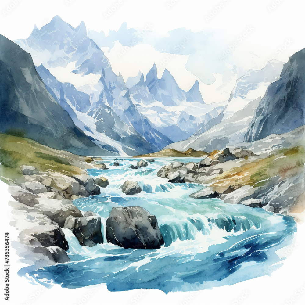 Watercolor poster art of a clear mountain stream flowing through a rocky valley with snow-capped peaks in the distance, evoking peace and natural beauty.