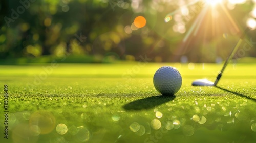 Golf club. Golf ball on green grass on blurred sunset golf course landscape background. Healthy sport and hobby. #785356499
