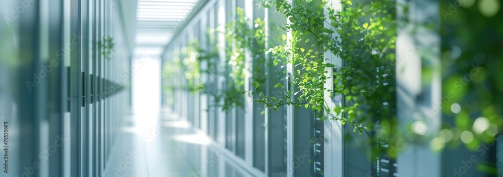 Green data center with trees growing inside, an ecofriendly and sustainable technology concept. Green data center with trees growing inside, an ecofriendly and sustainable technology concept.