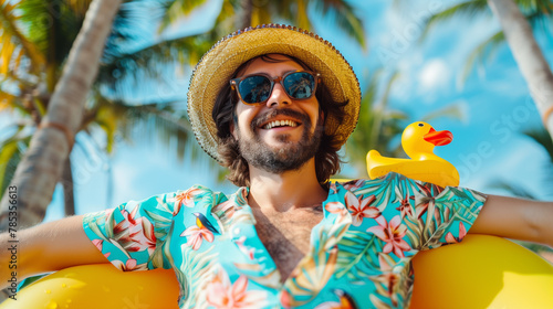 Close-Up Portrait of Happy Man on Vacation. Cheerful young man in sunglasses and hat with rubber duck enjoying summer vibes. Ideal for vacation-themed designs.