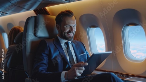 Handsome businessman smiling while sitting in the style of business class on an airplane © grigoryepremyan