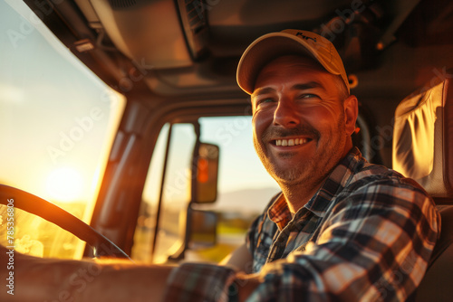 Adult truck driver smiling while driving at sunset, ideal for transportation and travel themes. photo