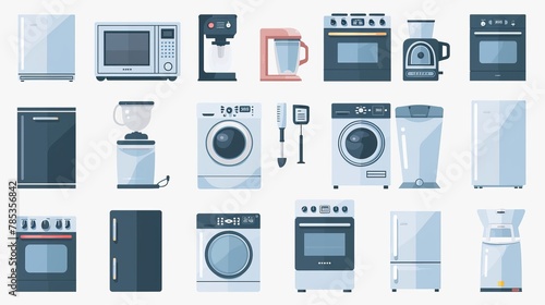 Isolated icons set of household appliances and electronics, including refrigerator, freezer, washing machine, tumble dryer, dishwasher, cooker, hob, gas stove, and coffee machine photo