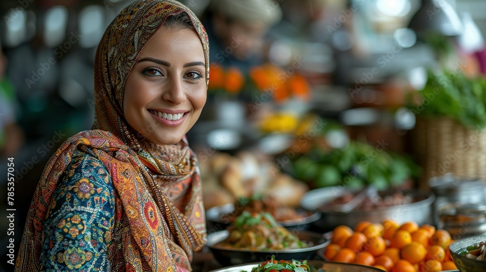Fototapeta premium Cheerful Muslim woman enjoys in lunch with her family at home