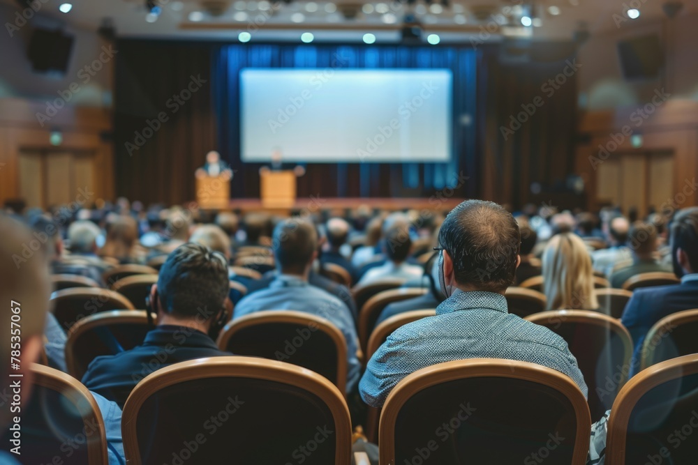 Photo of an audience at a conference or workshop watching the speaker on stage.