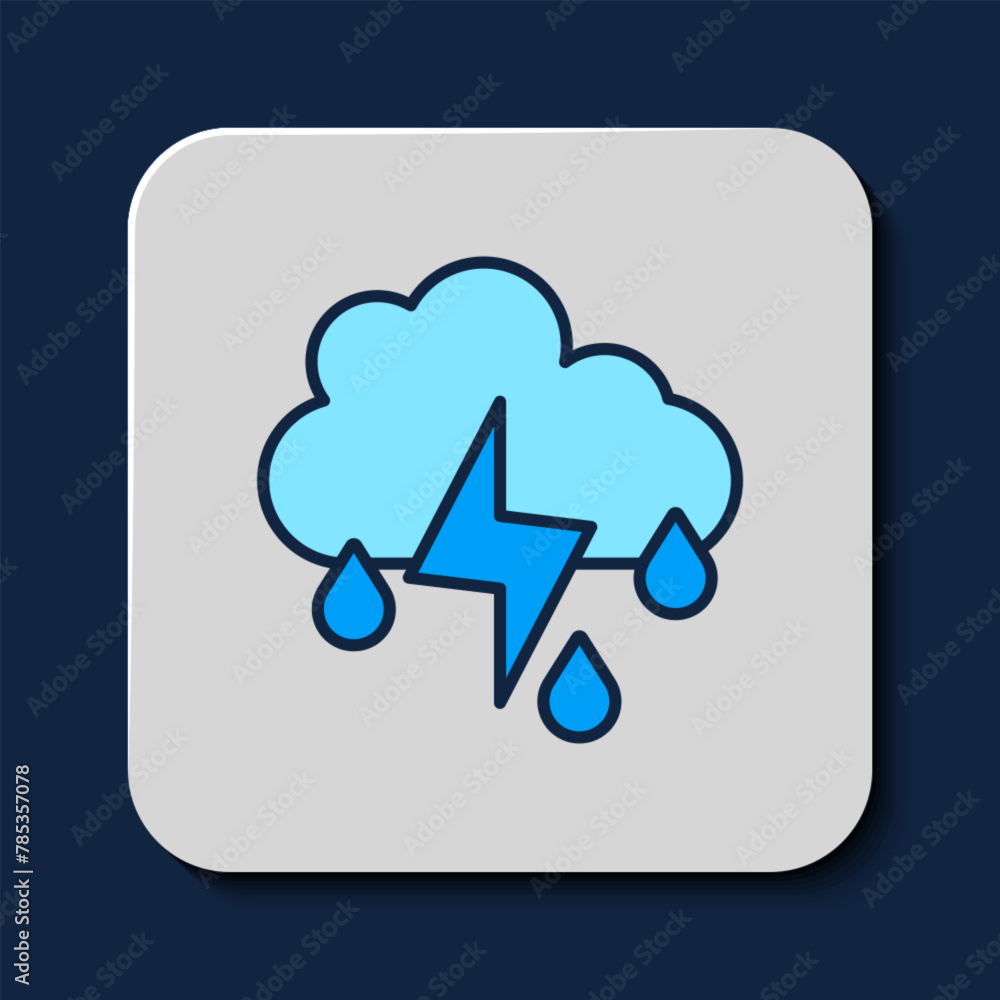Filled outline Cloud with rain and lightning icon isolated on blue background. Rain cloud precipitation with rain drops.Weather icon of storm. Vector Filled outline Cloud with rain and lightning icon isolated on blue background. Rain cloud precipitation with rain drops.Weather icon of storm. Vector