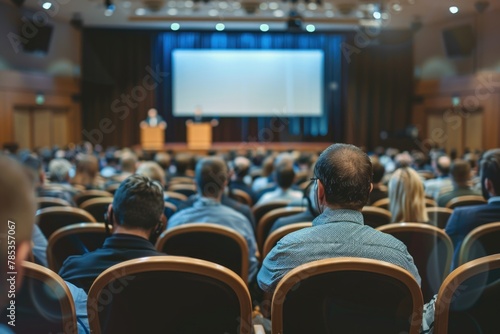 Photo of an audience at a conference or workshop watching the speaker on stage.