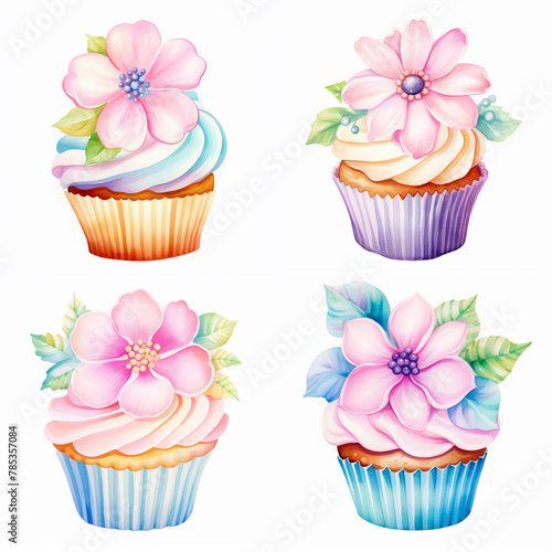 A charming set of cupcakes topped with pastel floral icing, depicted in watercolor, combining the sweet allure of desserts with the delicate beauty of flowers. photo