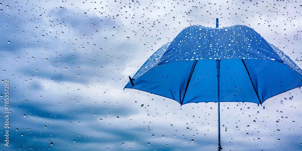 Blue Umbrella Under Rainy Sky
