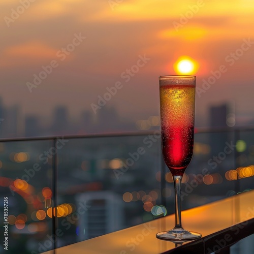 A luxurious cocktail with a gradient layer of gold to crimson red, served in a delicate flute glass The drink is set on a balcony overlooking a city skyline at dusk, with the setting sun matching the