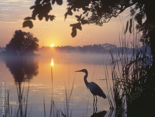 A serene lakeside where a heron in a fishermans hat catches the sunrise, creating a tranquil reflection on the water, framed by the whispers of dawn © kitinut