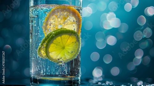 A sleek, modern glass of sparkling water, infused with lemon and lime slices, set on a minimalist, glossy black surface The background is a highcontrast, vibrant blue, emphasizing the clarity of the w
