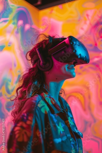 At a digital art workshop, woman creates with a virtual reality brush, in a studio inspired by Googie aesthetics