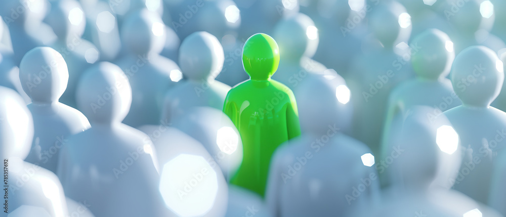 Green human shape among the white stands out from the crowd of others, symbolizes exceptionality, uniqueness and being different. Green human shape among the white stands out from the crowd of others, symbolizes exceptionality, uniqueness and being different.