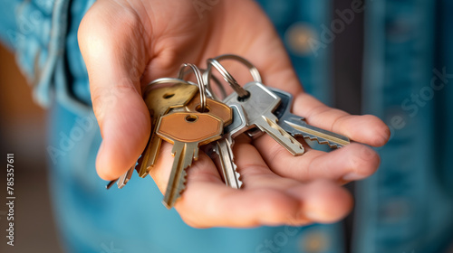A hand person is holding a keychain with a few keys on it. a hand holding a set of keys, symbolises unity and strength, sense of community and empowerment within the context of a renters unio photo