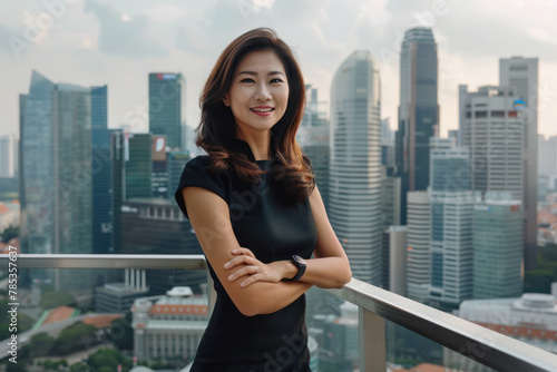 Confident Singaporean Businesswoman on a Building Rooftop With the City Skyline in the Background