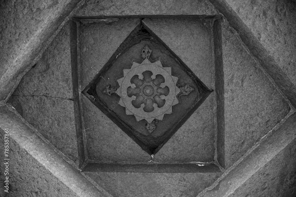 Beautiful carving on the Ceiling. Palasnath Temple. Temple is located in the backwater of Ujjani Dam. Palasdev, Pune, Maharashtra, India. Beautiful carving on the Ceiling. Palasnath Temple. Temple is located in the backwater of Ujjani Dam. Palasdev, Pune, Maharashtra, India.