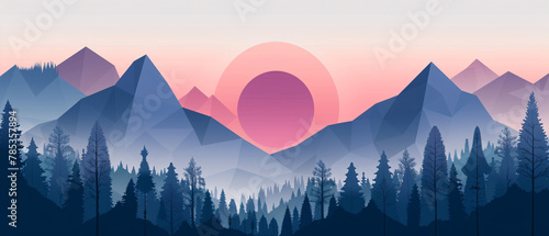 Forested mountains in a winter landscape at sunrise with a gradient pink and purple sky © alexandr