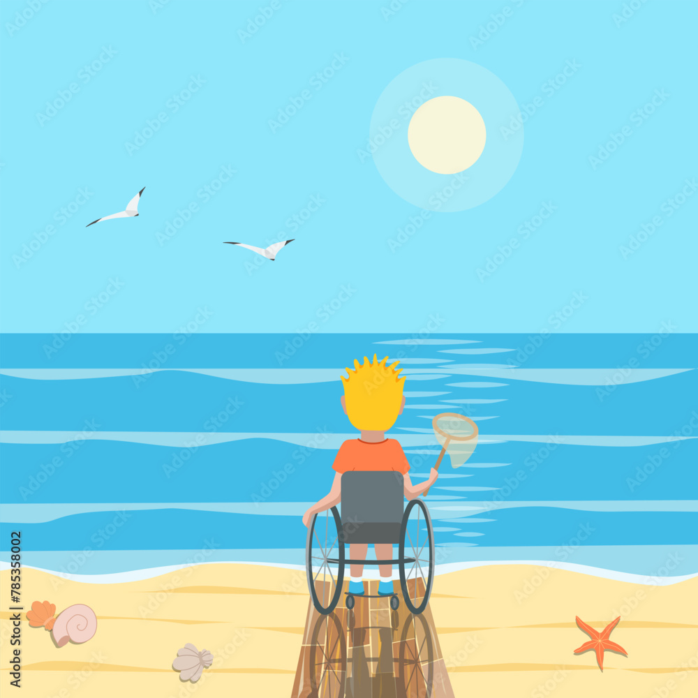 Boy in a wheelchair on the beach with a landing net in his hand looking at the endless blue sea. Vector illustration of children with special needs on vacation.