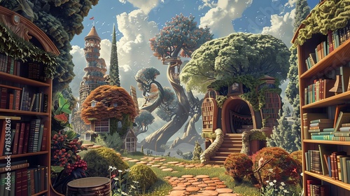 Discover a whimsical blend of low-angle perspective capturing a classic literature scene merged with the essence of video game genres Utilize surrealism art to transport viewers into a fantastical rea photo